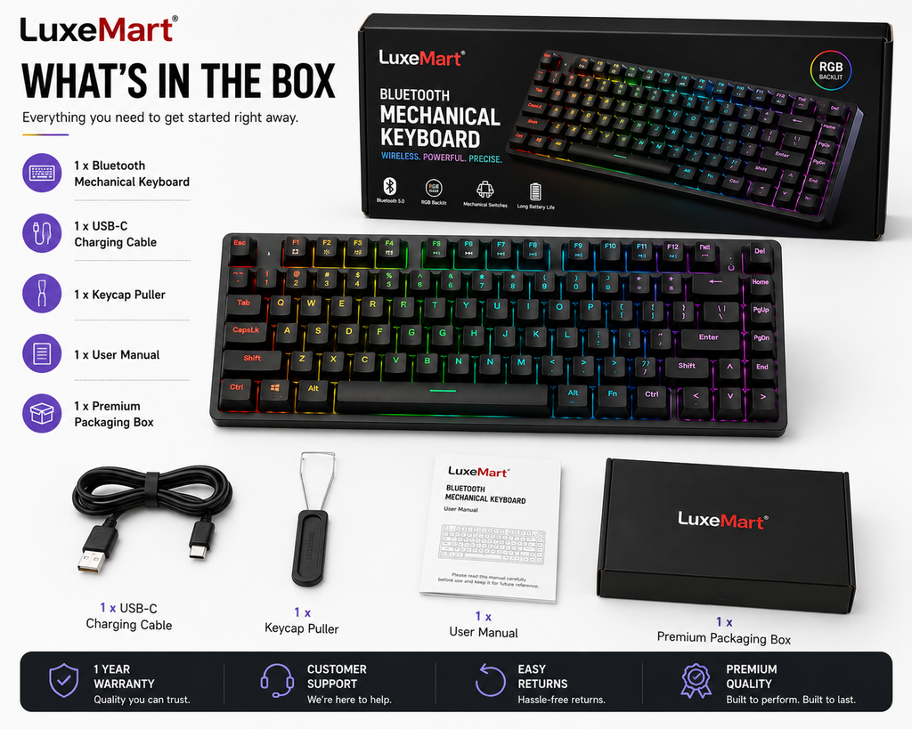 LuxeMart Bluetooth Mechanical Keyboard – Wireless RGB Rechargeable Keyboard for PC, Mac, Tablet & Phone