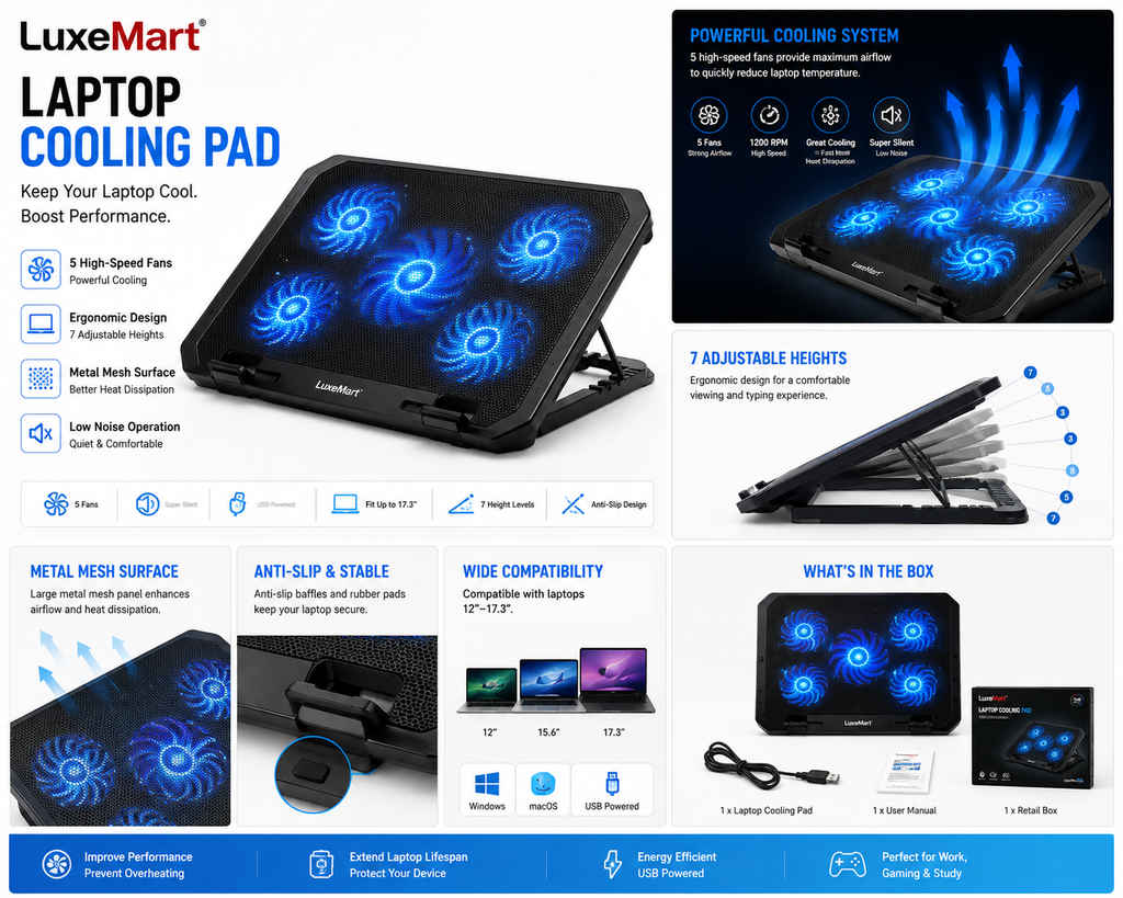 LuxeMart Laptop Cooling Pad – 5 Fan Adjustable USB Cooling Stand for 12–17.3” Laptops