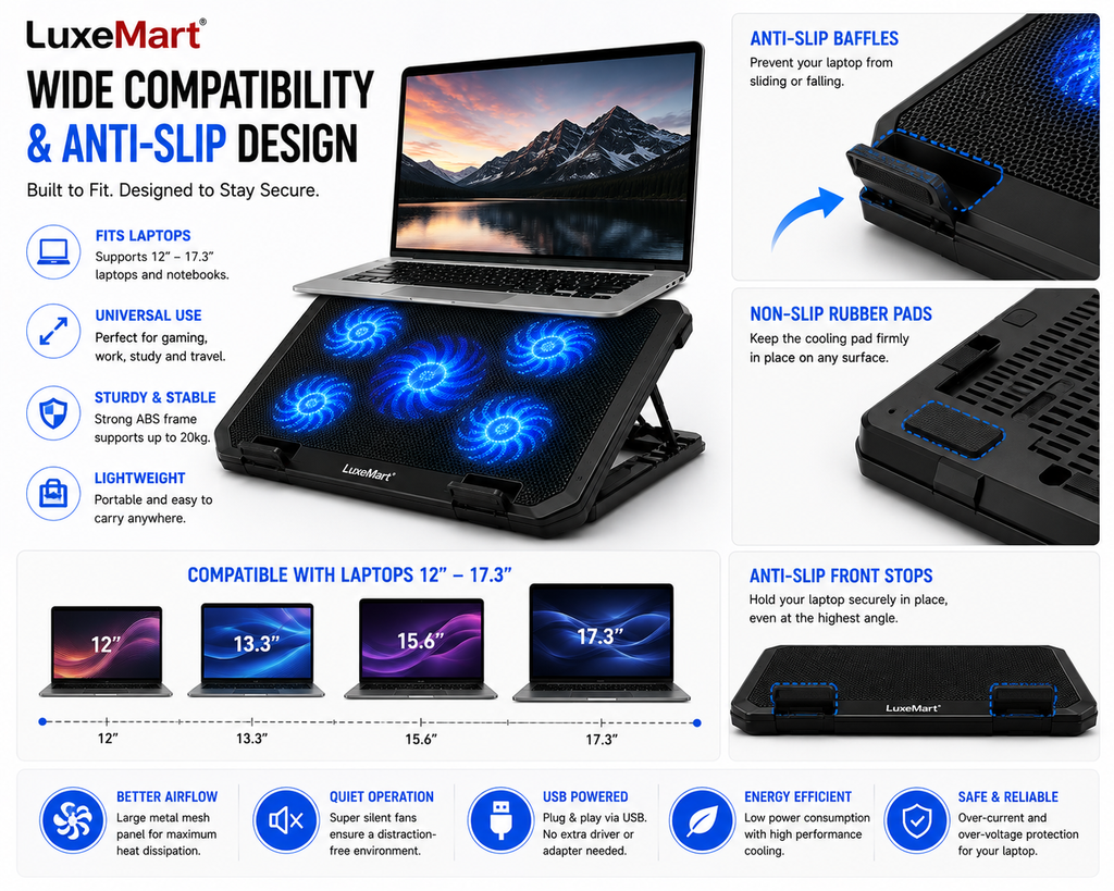 LuxeMart Laptop Cooling Pad – 5 Fan Adjustable USB Cooling Stand for 12–17.3” Laptops