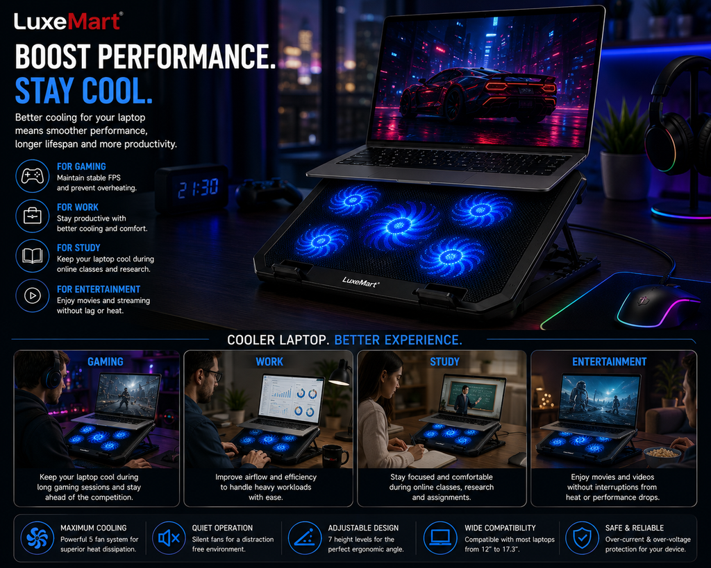 LuxeMart Laptop Cooling Pad – 5 Fan Adjustable USB Cooling Stand for 12–17.3” Laptops