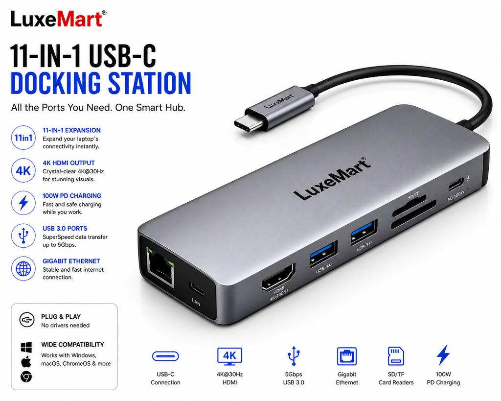 LuxeMart USB-C Docking Station – 11-in-1 Multiport Hub with 4K HDMI, USB 3.0, Ethernet, SD/TF & 100W PD Charging