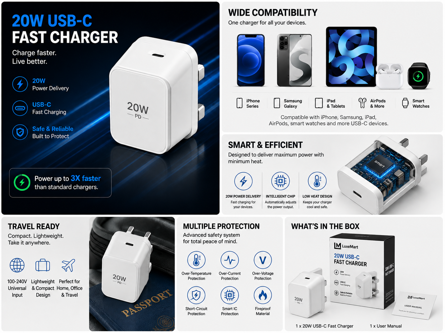 LuxeMart 20W USB-C Fast Charger – Compact Wall Plug Adapter for iPhone & Android