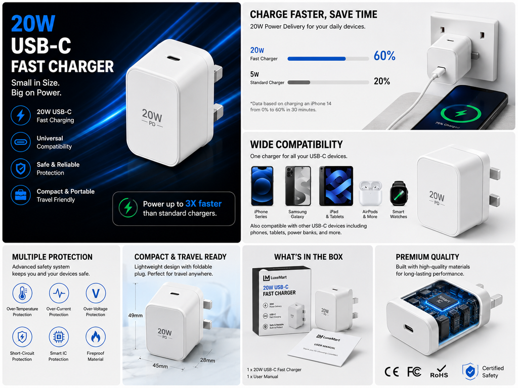 LuxeMart 20W USB-C Fast Charger – Compact Wall Plug Adapter for iPhone & Android