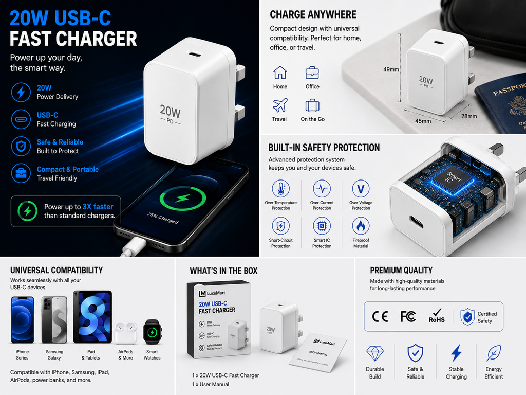 LuxeMart 20W USB-C Fast Charger – Compact Wall Plug Adapter for iPhone & Android
