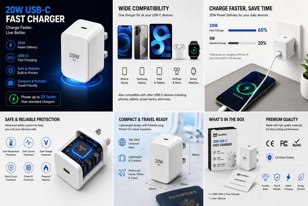 LuxeMart 20W USB-C Fast Charger – Compact Wall Plug Adapter for iPhone & Android